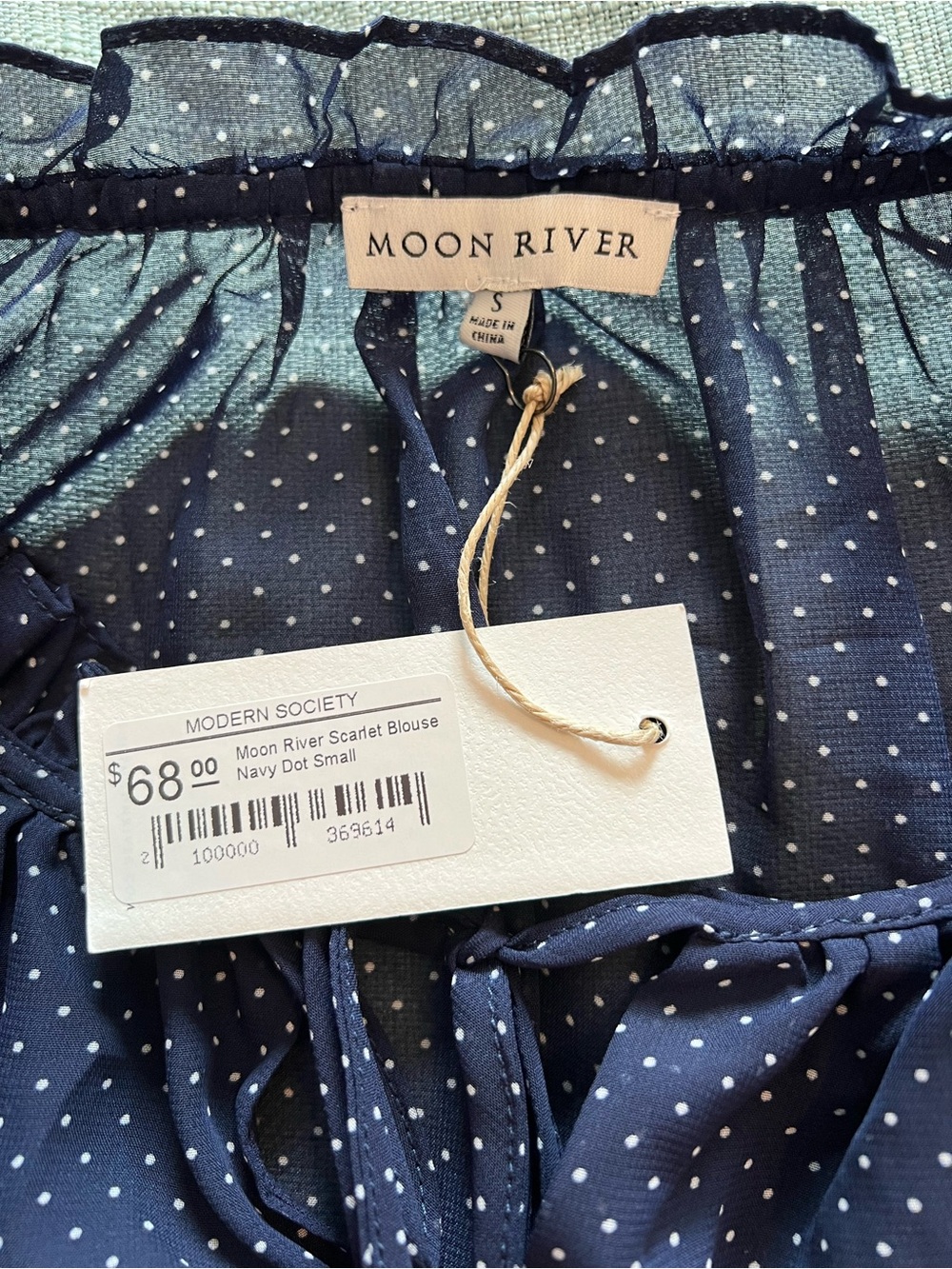 Moon River Navy Polka Dot Ruffle Sleeve Blouse Size Small NWT - Picture 3 of 6